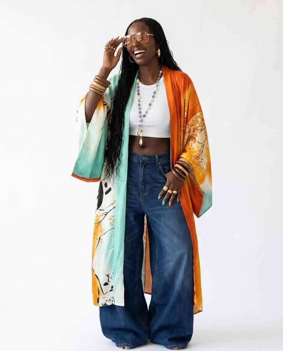 Vibrant Printed Silk Feeling Kaftan