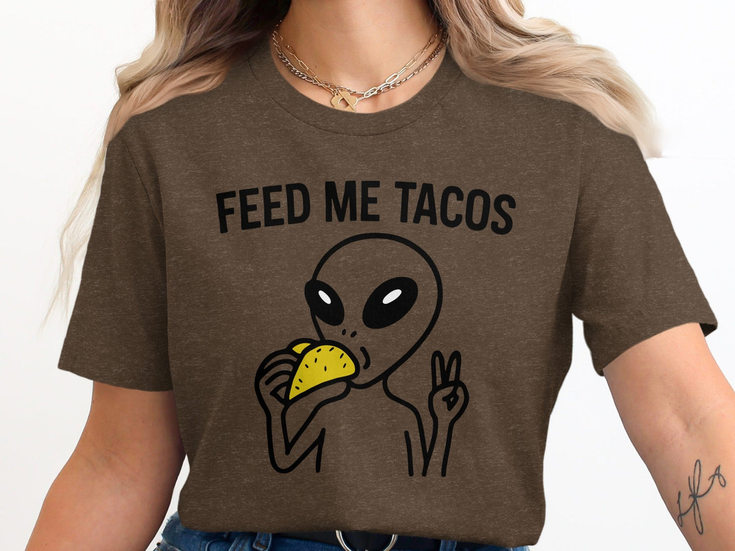 Feed Me Tacos Alien with Peace Sign Funny T-Shirt
