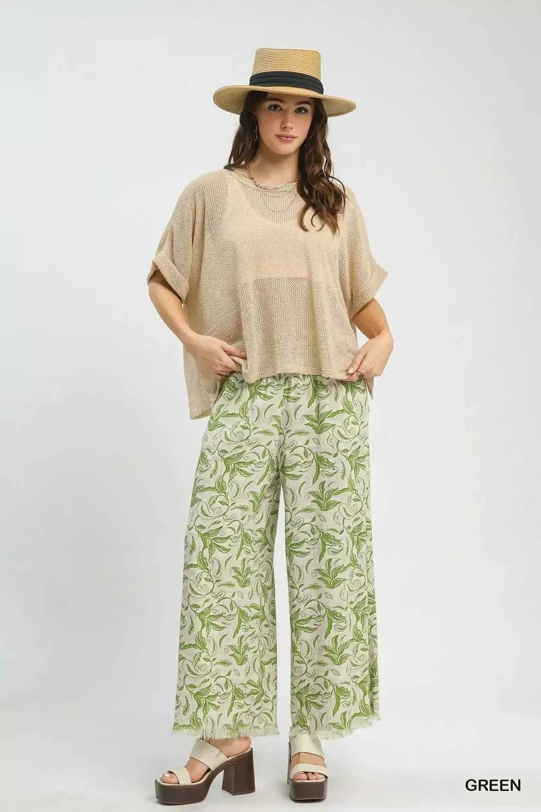 Umgee Linen Printed Wide Leg Raw Hem Pants