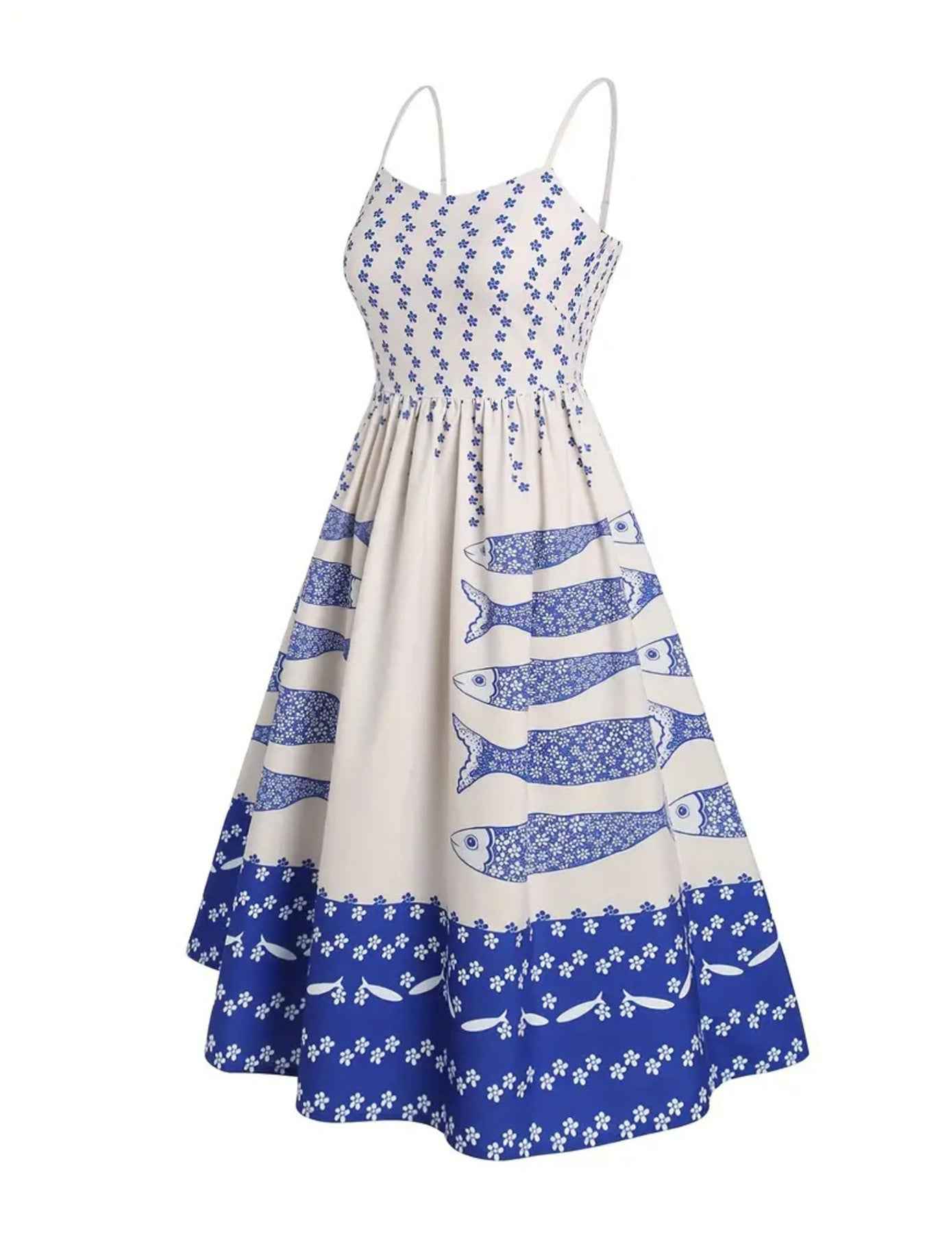 Sardine Print Spaghetti Strap Midi Dress