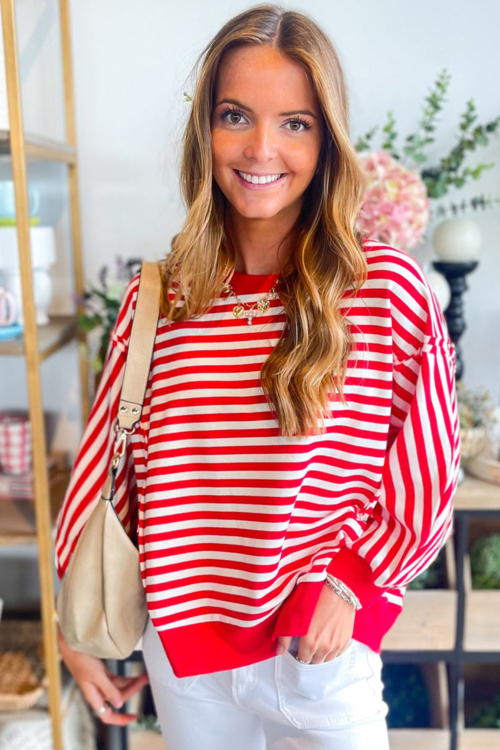 Red Striped Exposed Seam Drop Shoulder Long Sleeve Top