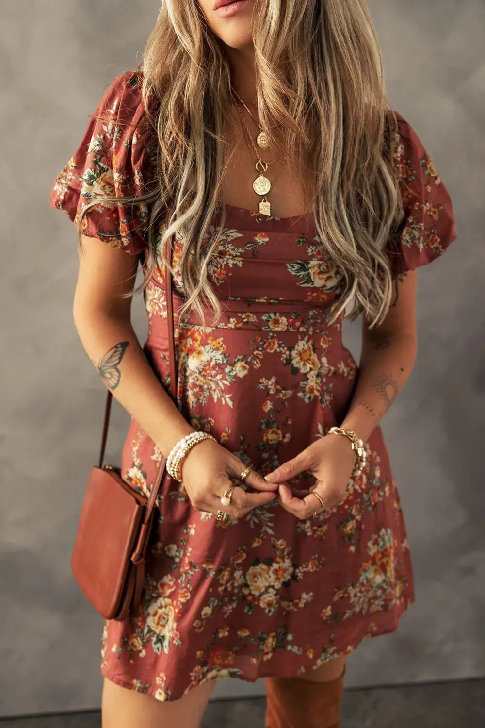 Floral Puff Sleeve Square Neck Knot Open Back Mini Dress