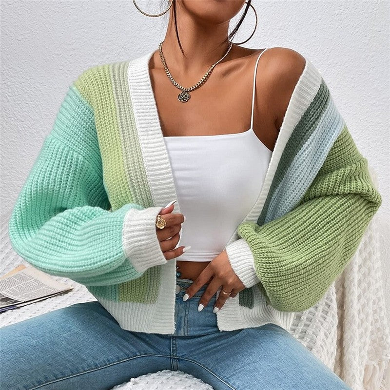 Casual Color Block Short Cardigan Without Buttons