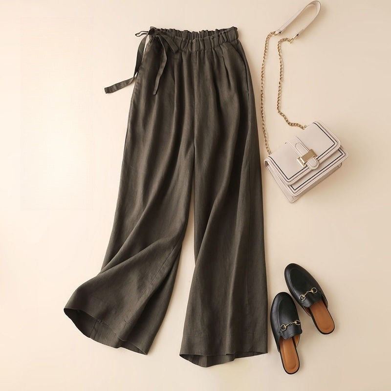 High-Waisted Wide-Leg Cropped Trousers in Cotton-Linen Blend