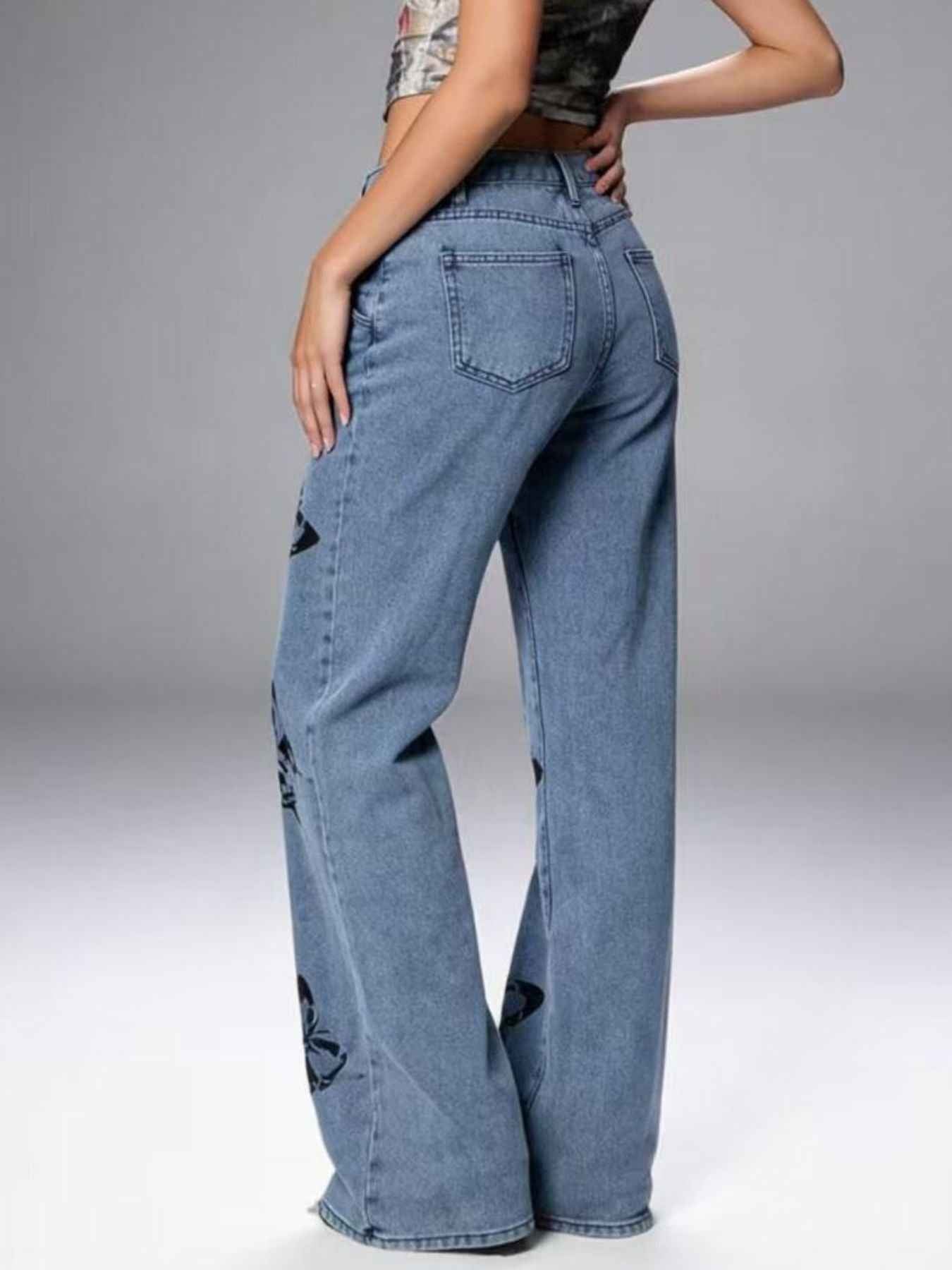 Butterfly Print High-Waisted Wide Leg Jeans