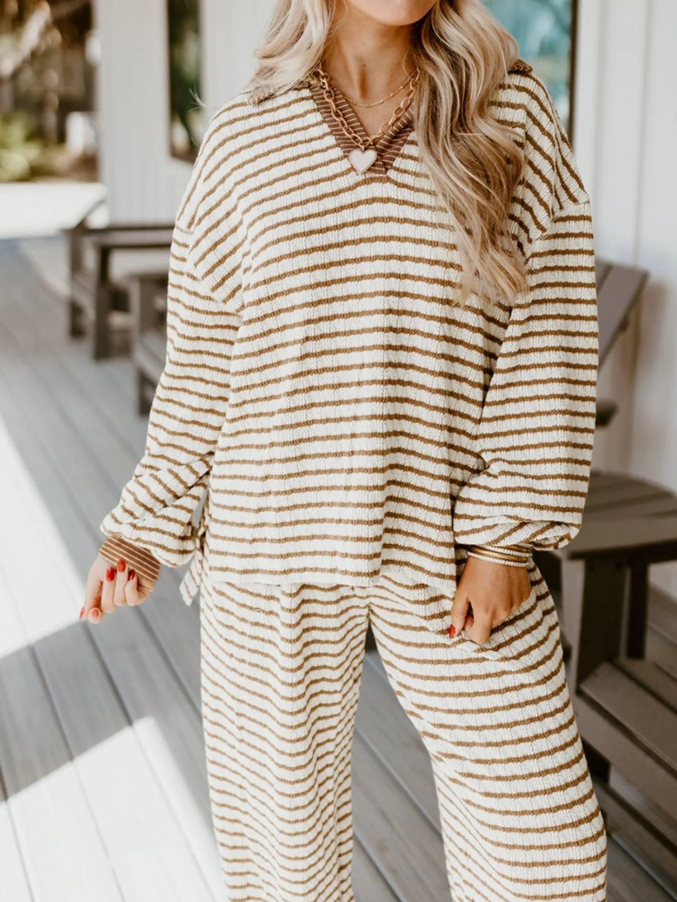 Stripe Collared Top and Drawstring Pant Loungewear Set