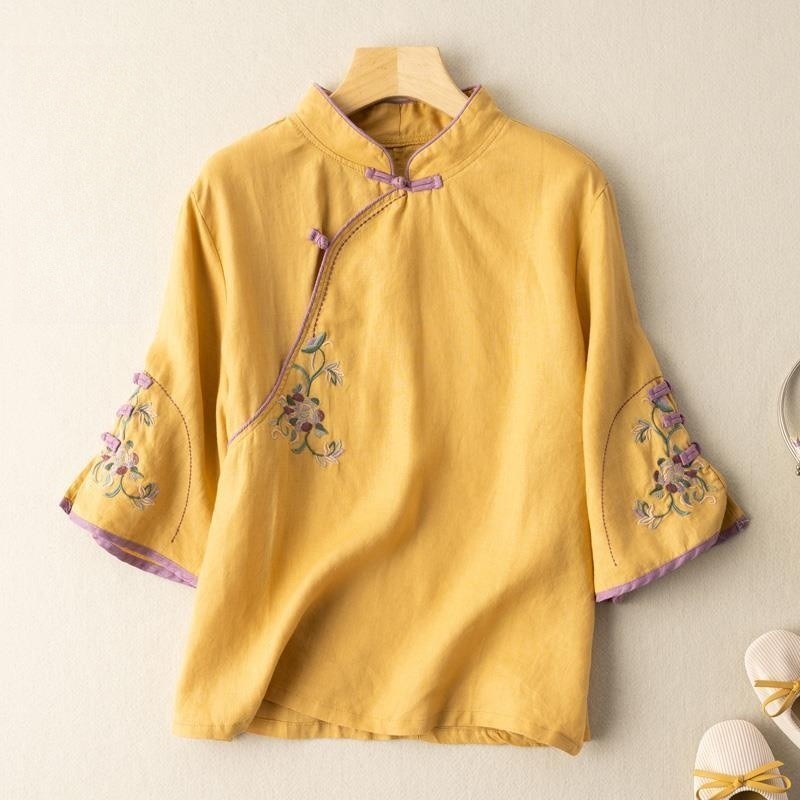 Sure! How about "Chic Embroidered Mandarin Collar Cotton and Linen Tea Dress"?