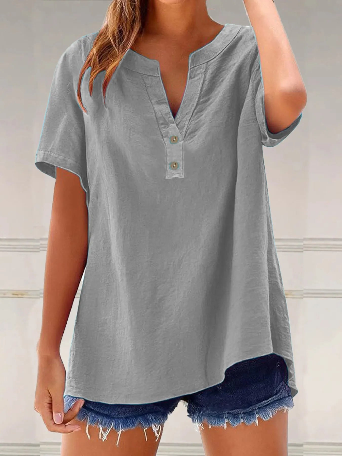 Full Size Notched Short Sleeve Blouse Plus Size