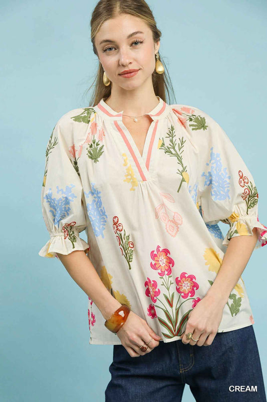Umgee Floral Split Neck Puff Sleeve Top
