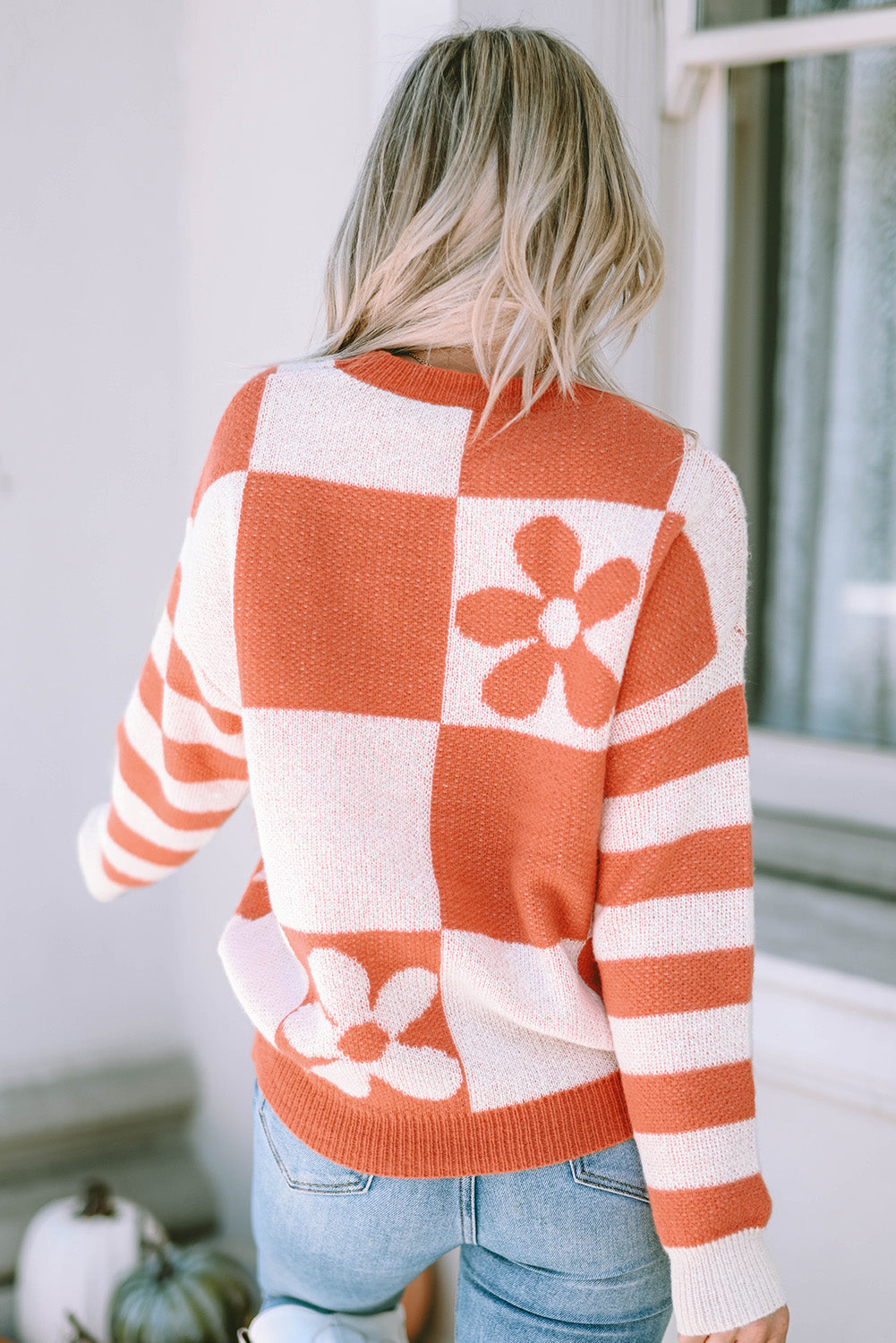 Checkered Floral Striped Sleeve Sweater
