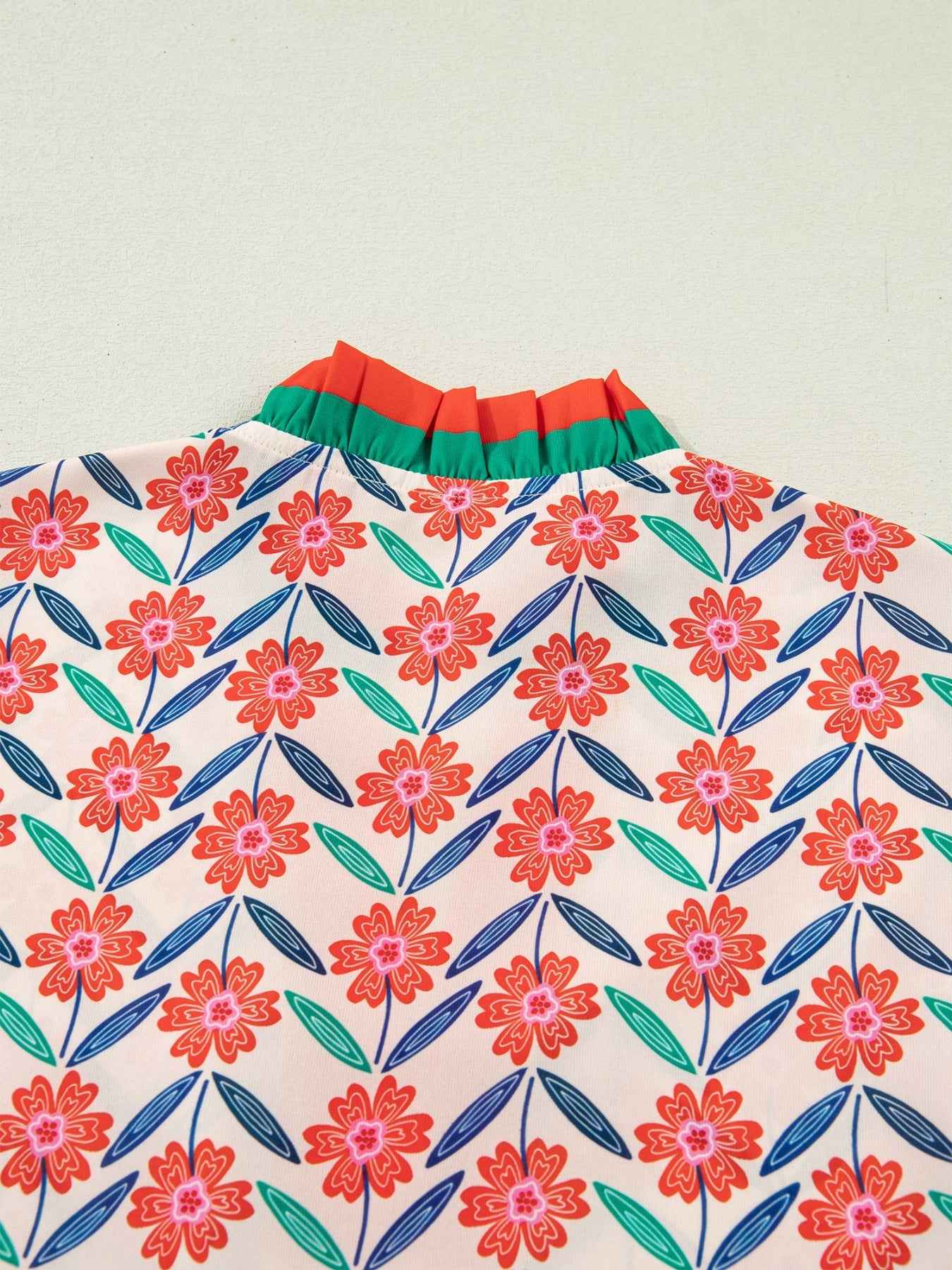 Floral Print Striped Detail V Neck Ruffled Short Sleeve Blouse