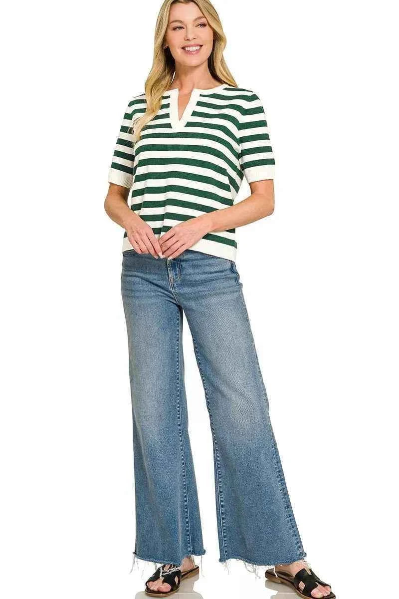 Hunter Green Split Neck Stripe Short Sleeve Sweater Top by Zenana