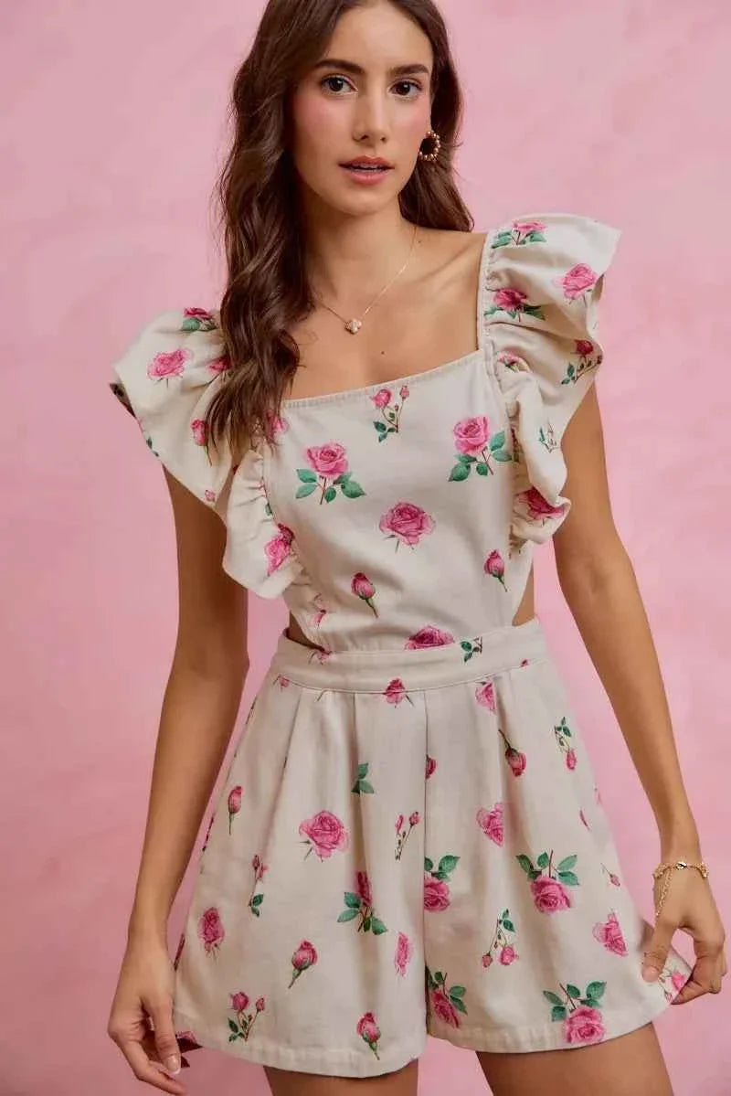 Ivory Floral Print Denim Cut Out Waist Ruffled Romper w/ Pockets by So Me