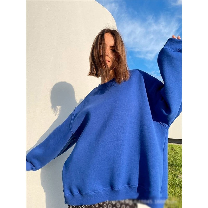 Casual Loose Fit Solid Color Crewneck Cotton Sweatshirt