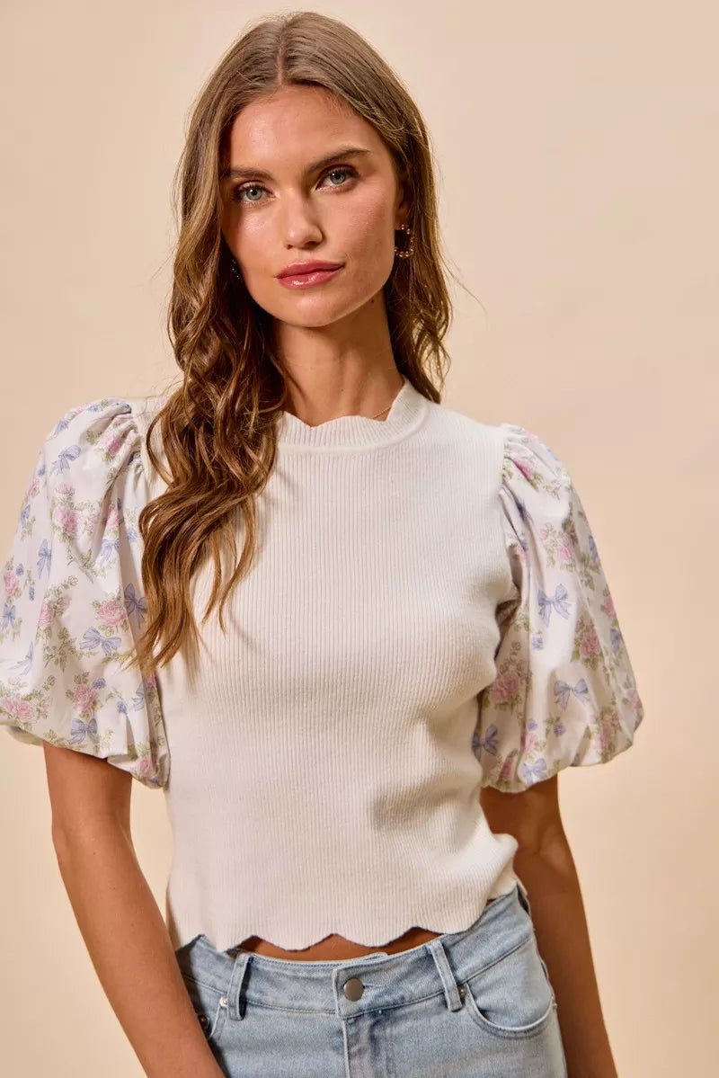 White Floral Contrast Sleeve Scallop Sweater Top by SO ME
