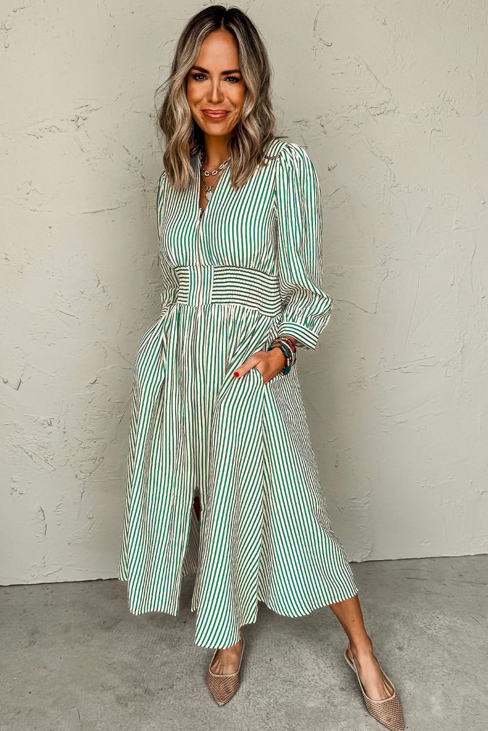 Green Striped V Neck Zip Front Midi Dress Cinched Waist
