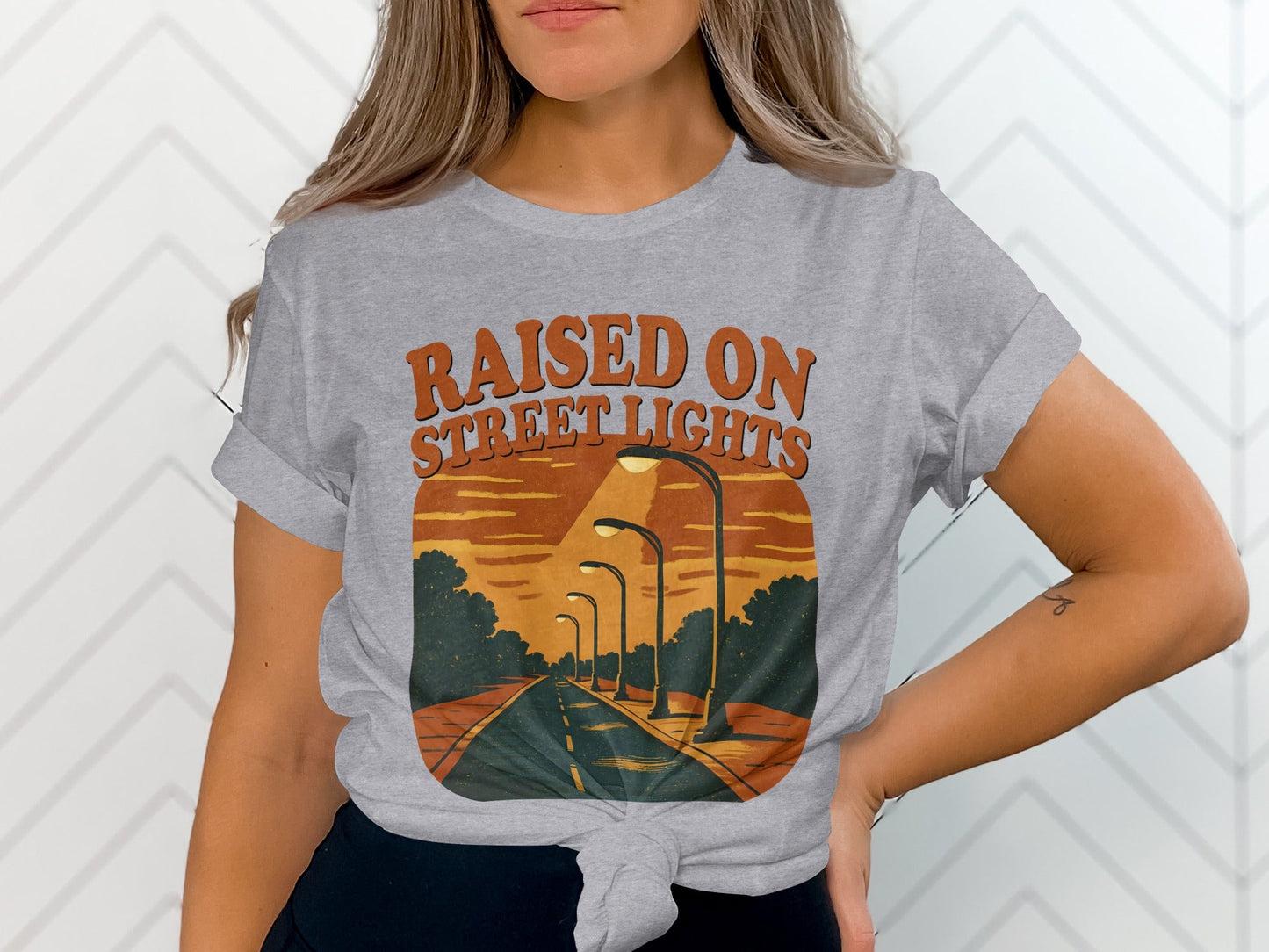 Raised On Street Lights Road Scene Graphic Design T-Shirt
