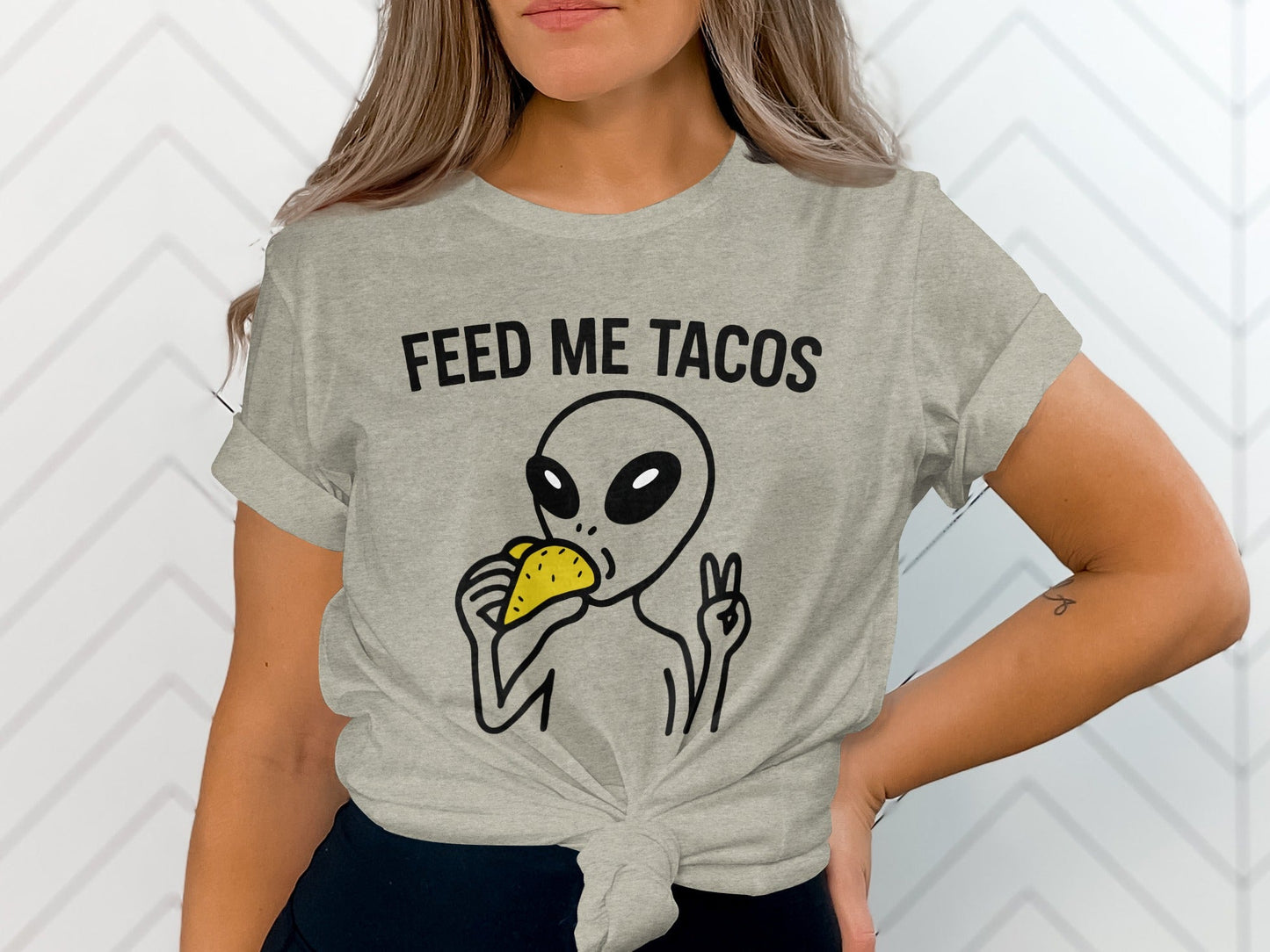 Feed Me Tacos Alien with Peace Sign Funny T-Shirt
