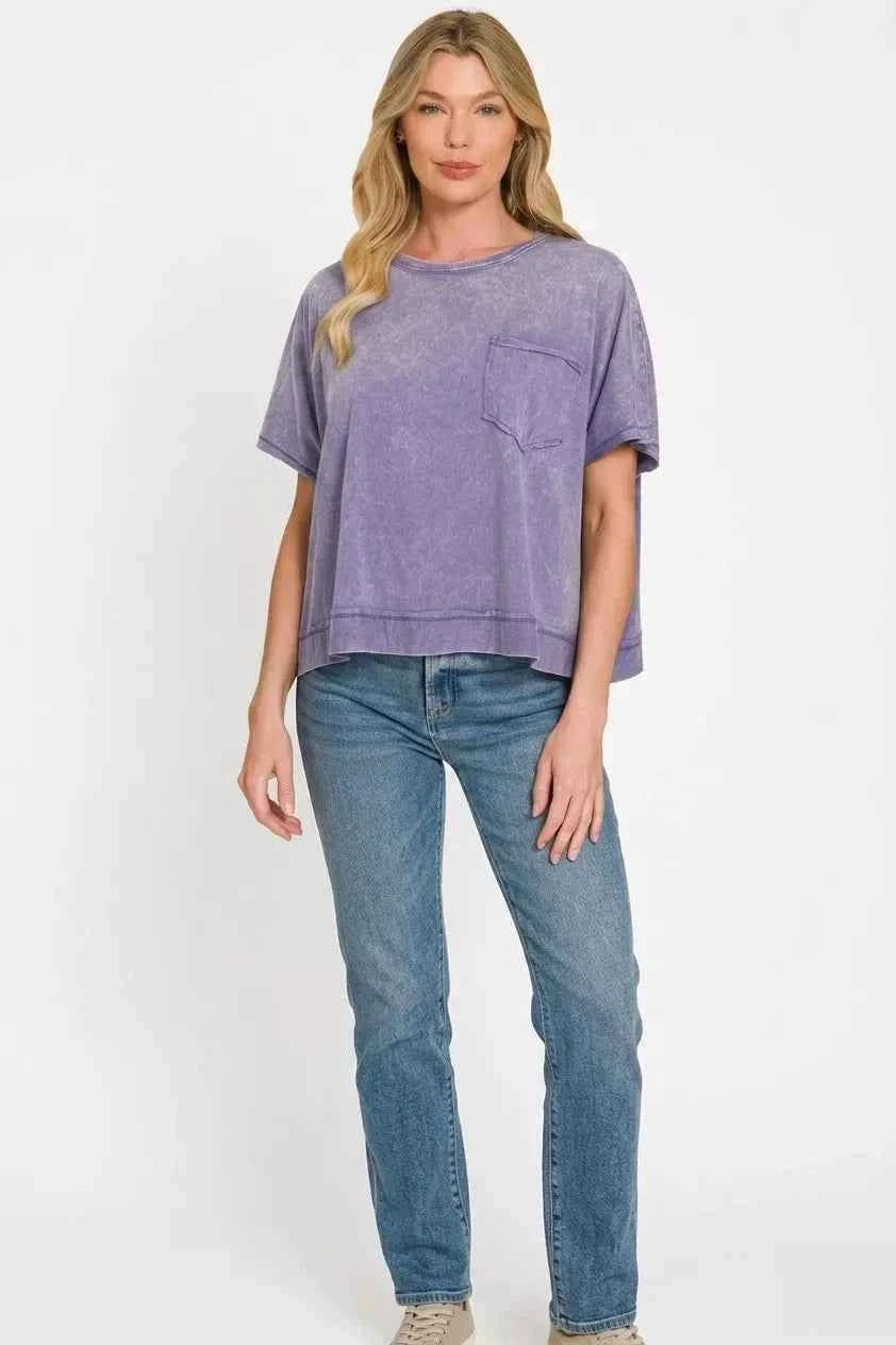 Marlin Acid Washed Round Neck Short Sleeve Oversized T-Shirt by Zenana