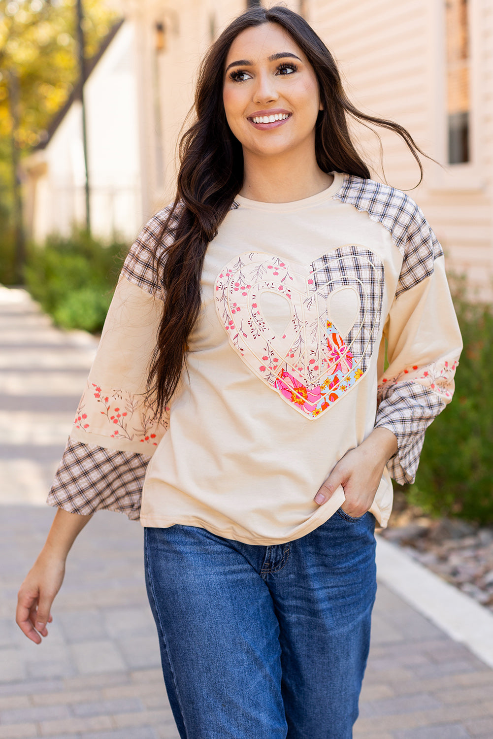 Plaid Floral Peace Heart Long Sleeve Top