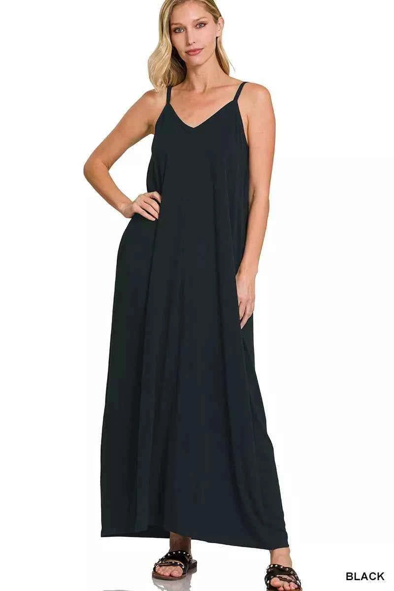 Black V-Neck Cami Maxi Dress with Side Pockets by Zenana