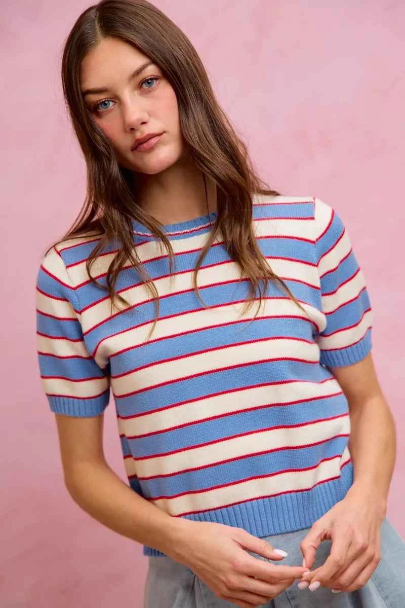 Blue Stripe Knit Crew Neck Short Sleeve Sweater Top by SO ME