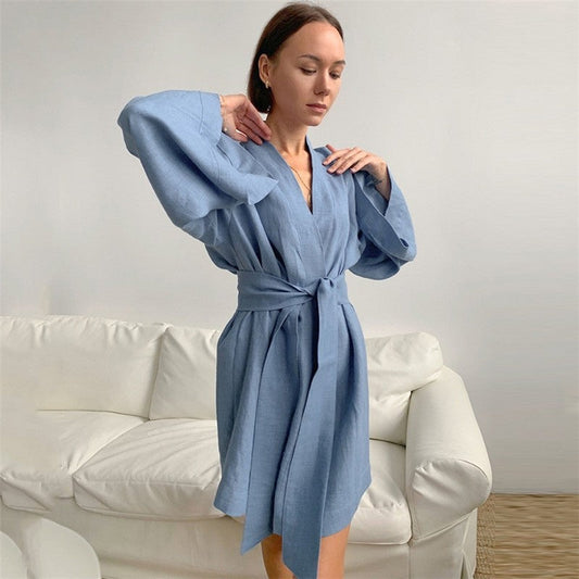 Women's Lightweight Cotton Linen Long Sleeve Cardigan Robe