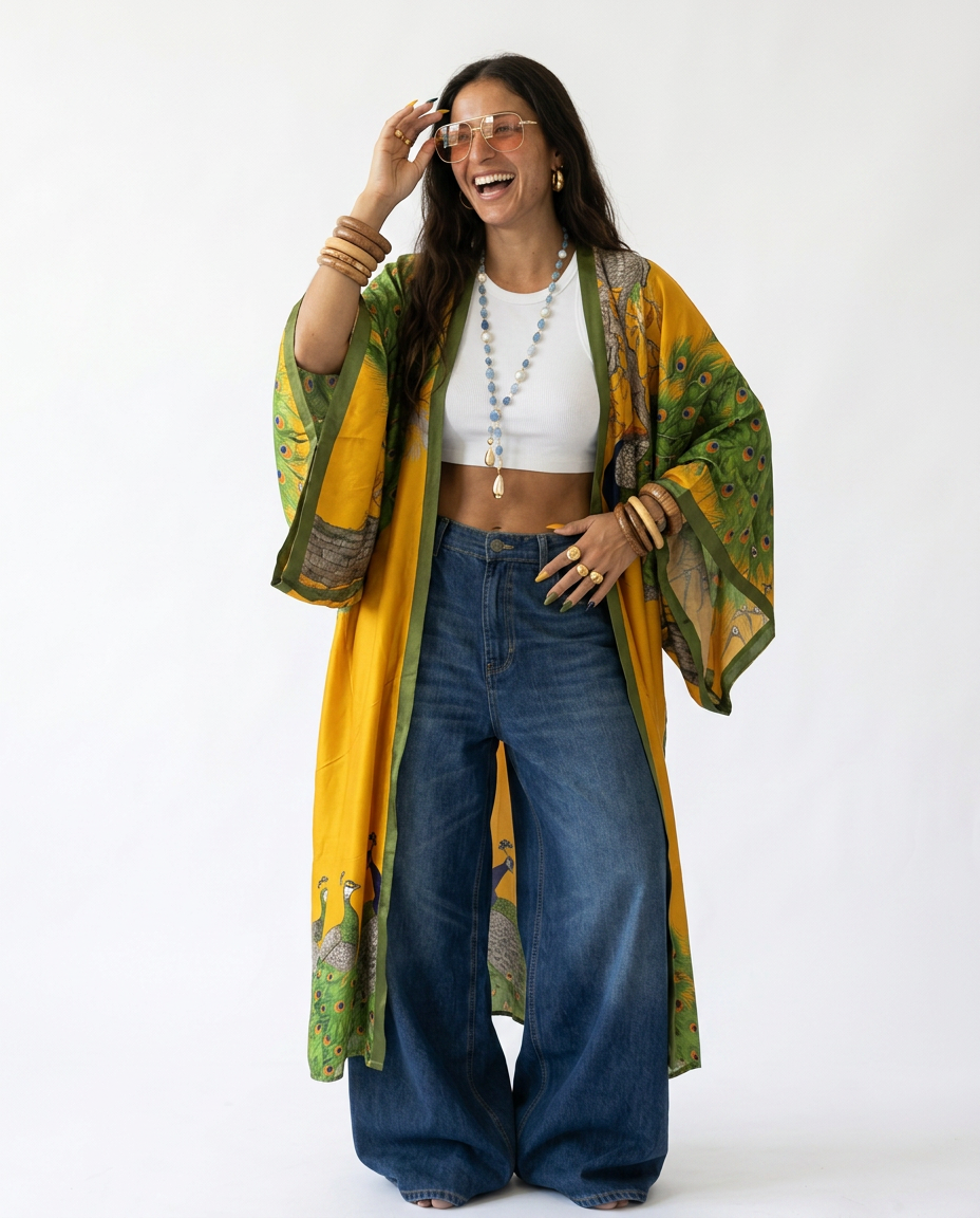Radiant Peacock Print Silk Kaftan