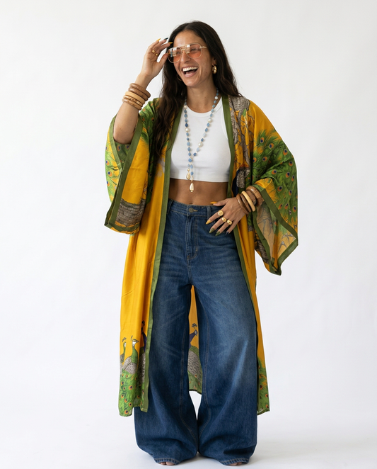 Radiant Peacock Print Silk Kaftan