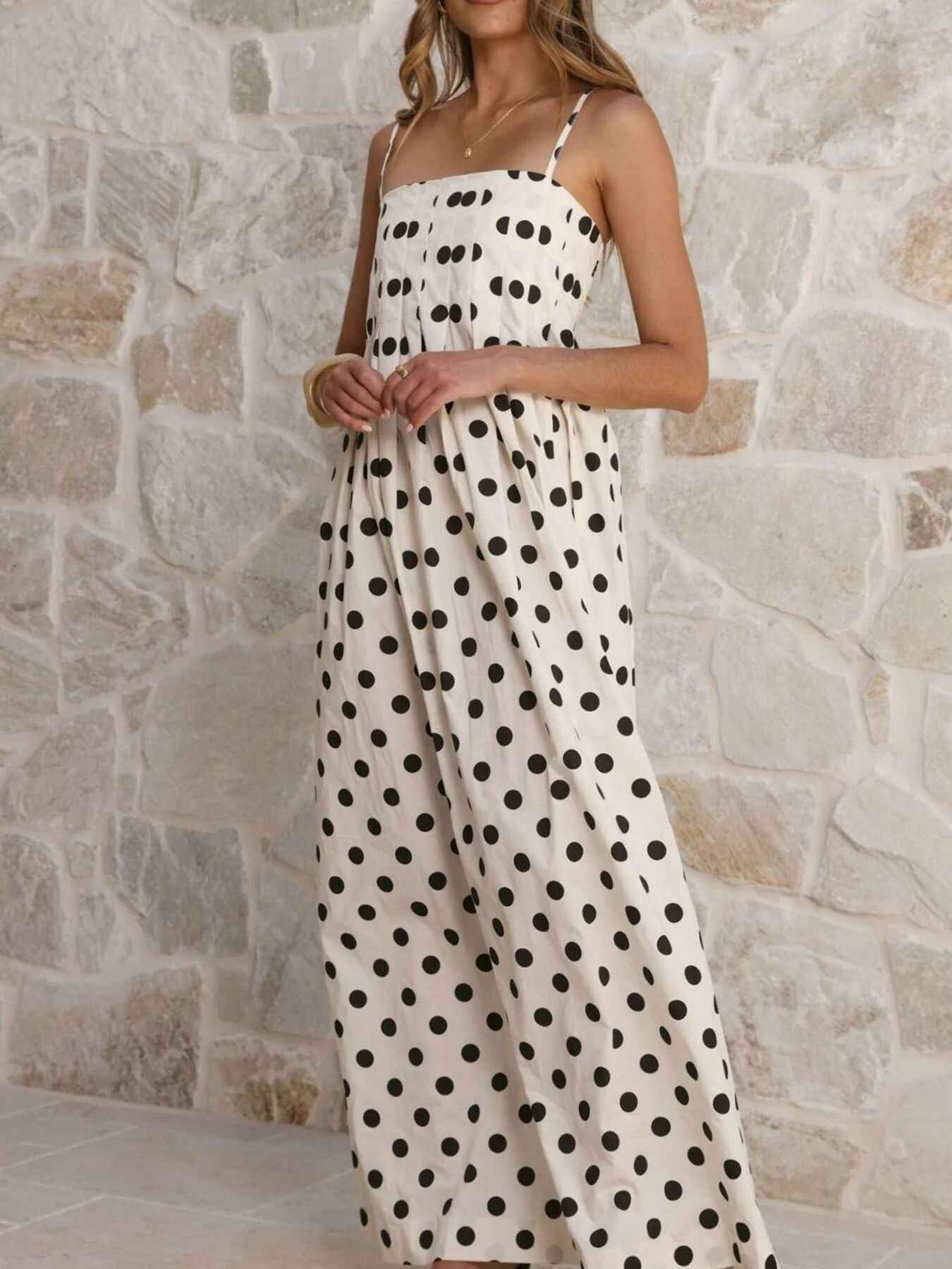 Polka Dot Pleated Detail Maxi Dress