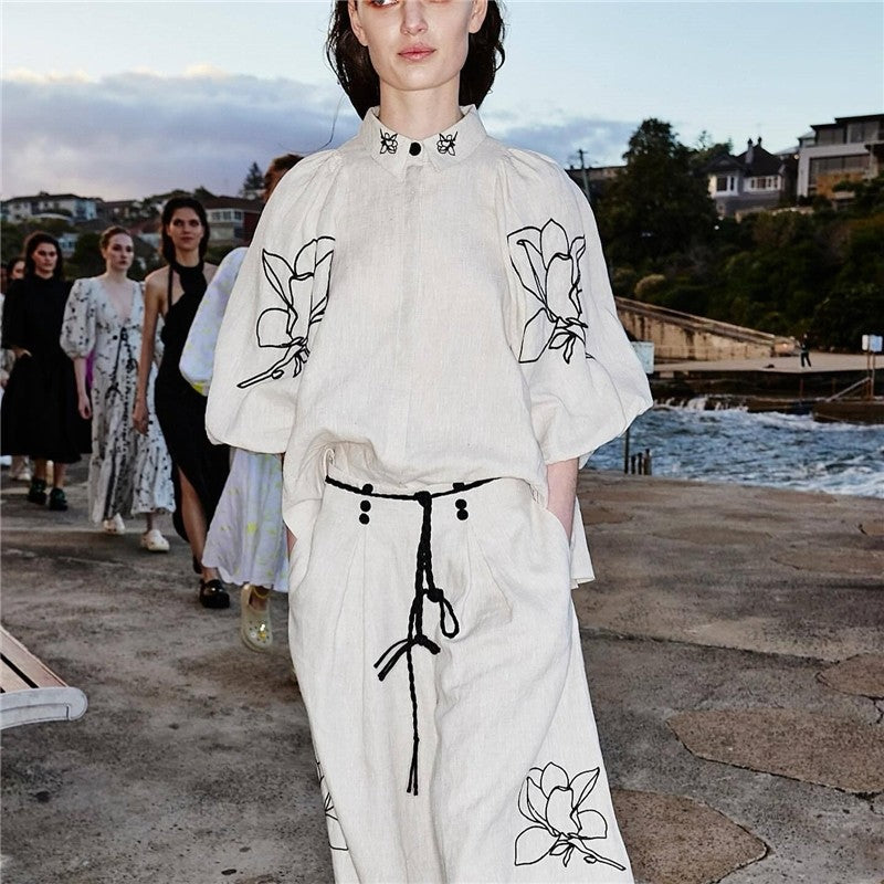 Printed Cotton Linen Wide-Leg Pants Set