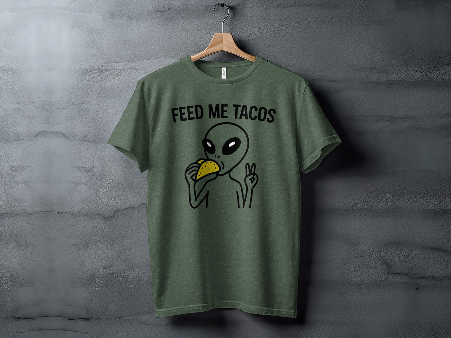 Feed Me Tacos Alien with Peace Sign Funny T-Shirt