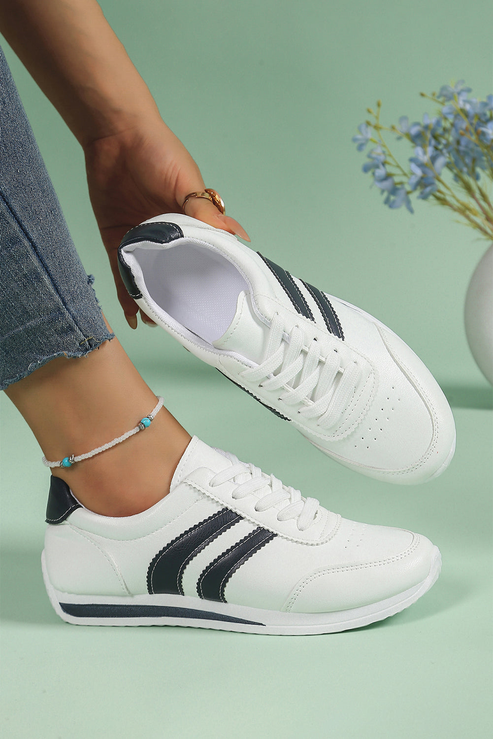 White PU Leather Striped Lace Up Casual Sneakers Everyday