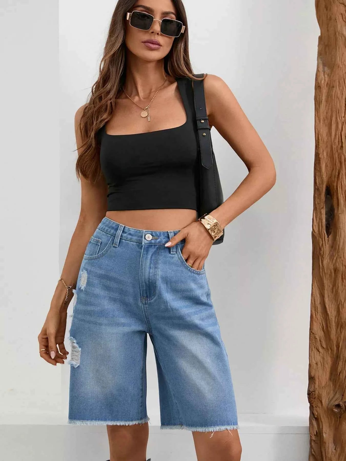 Ripped Frayed Hem Denim Shorts