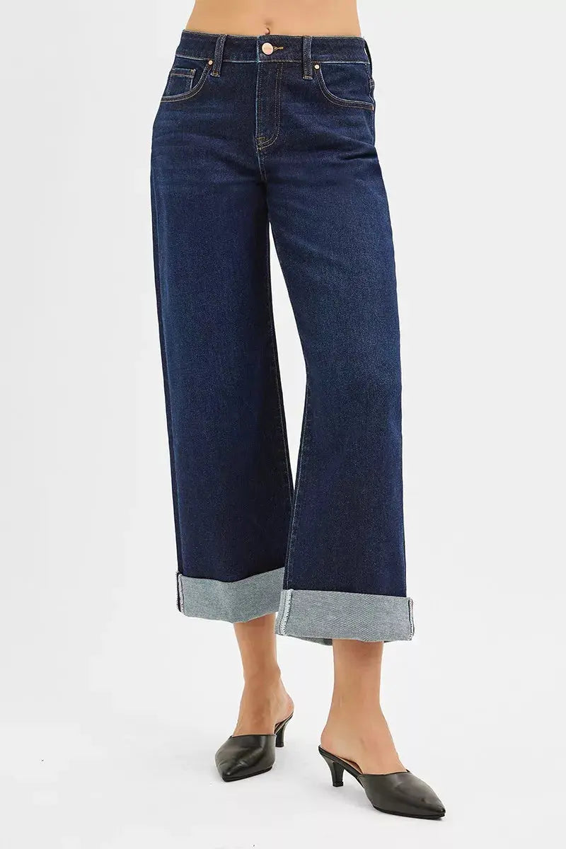 RISEN Jeans - Mid Rise Fit Ankle Wide Roll Up Jeans