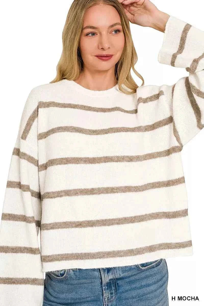 Heather Mocha Striped Wool Blend Sweater by Zenana