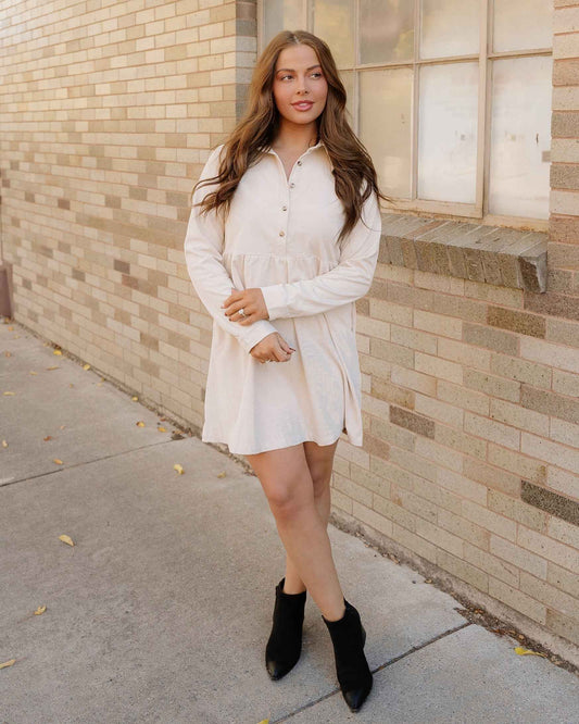 Abigail Corduroy Half Button Collared Long Sleeve Dress - Oatmeal