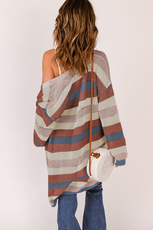 Dark Blue Color Block Striped Cutout Knit Cardigan