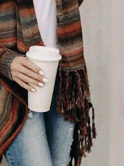 Fringe Long Sleeve Wrap Cardigan Button Fasten