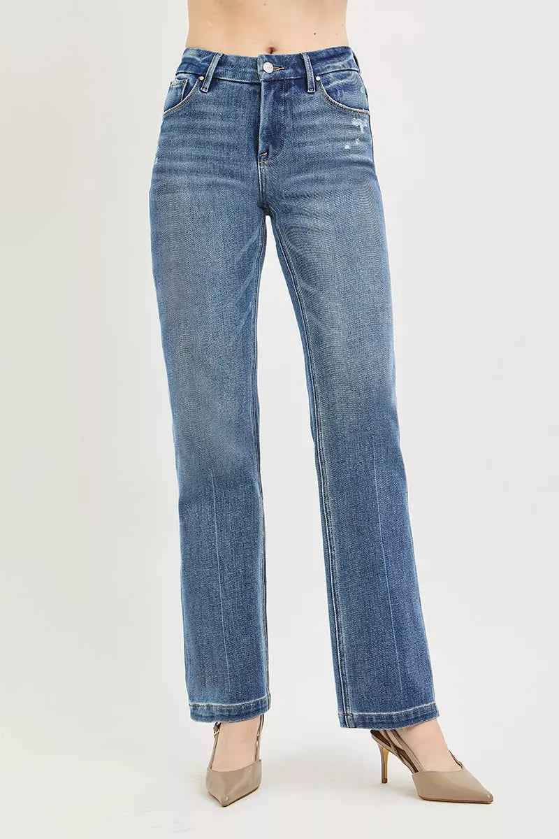 Medium Wash Tummy Control 4-Way Stretch Mid Rise Straight Crease Line|Risen