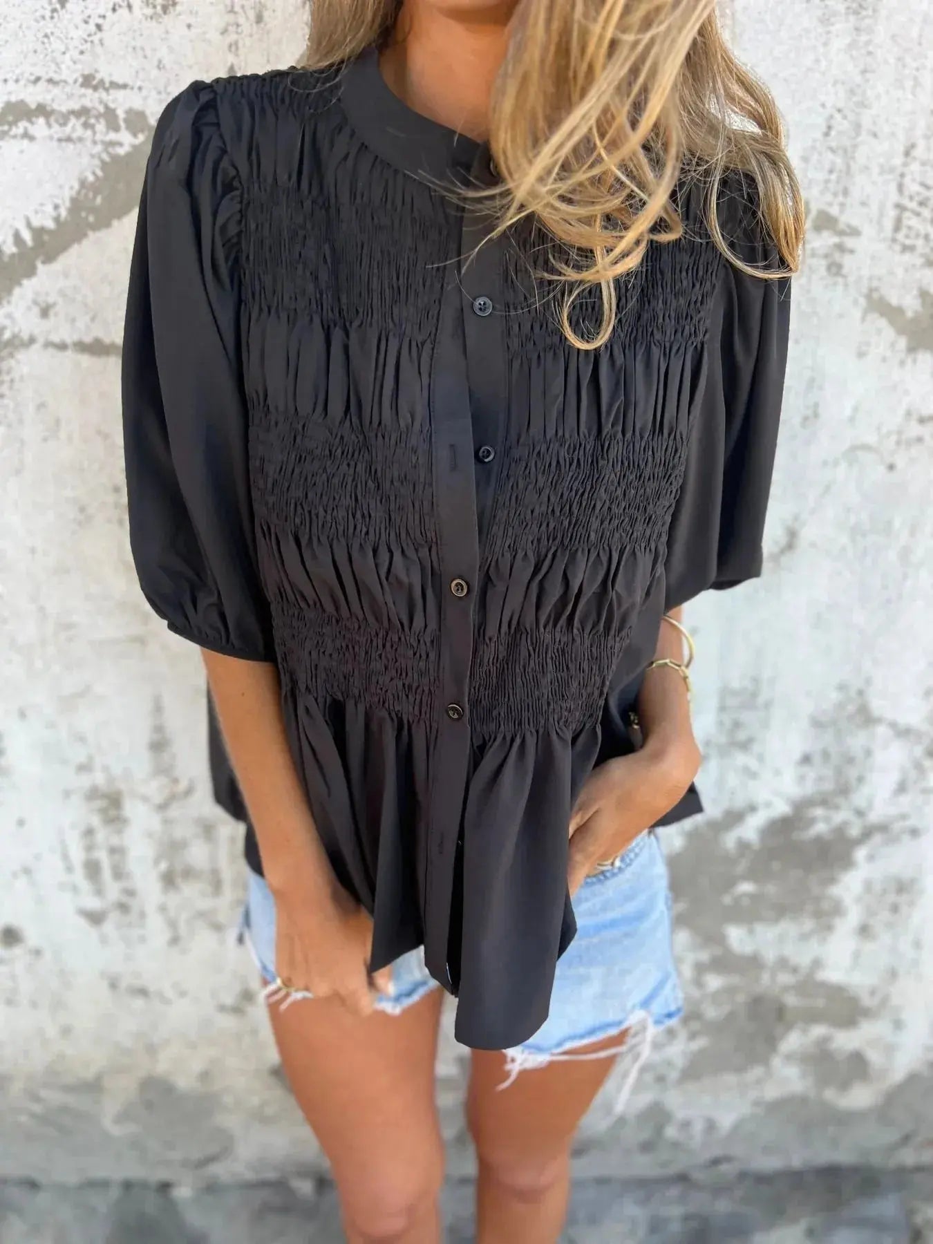 Full Size Red Smocked Button Puff Sleeve Blouse – Plus Size