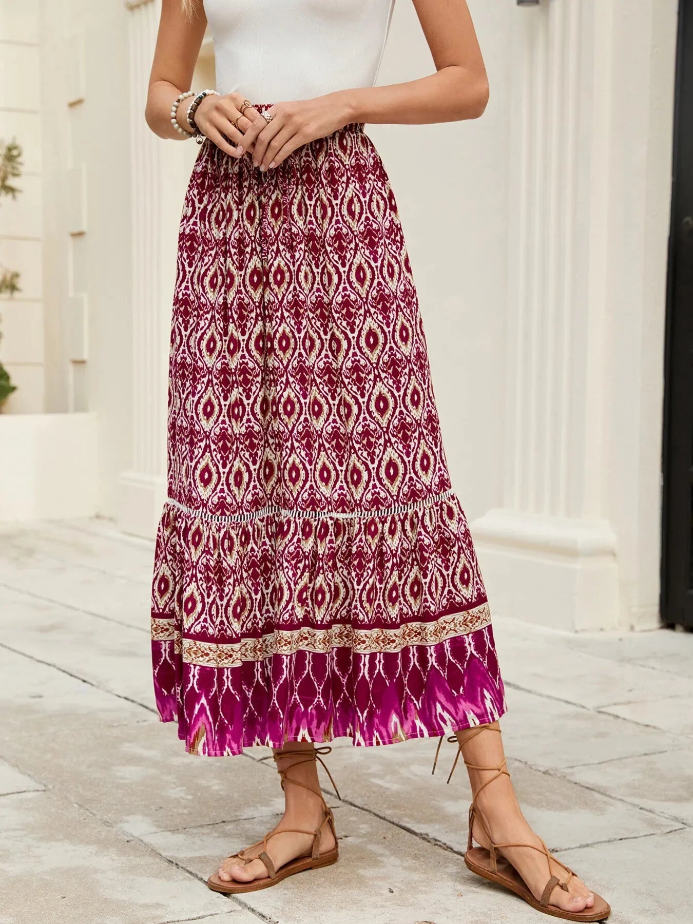 Printed Ruched Bohemian Maxi Skirt