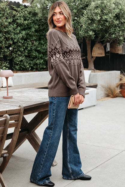 Alana Western Geometric Patterned Crew Neck Knitted Sweater