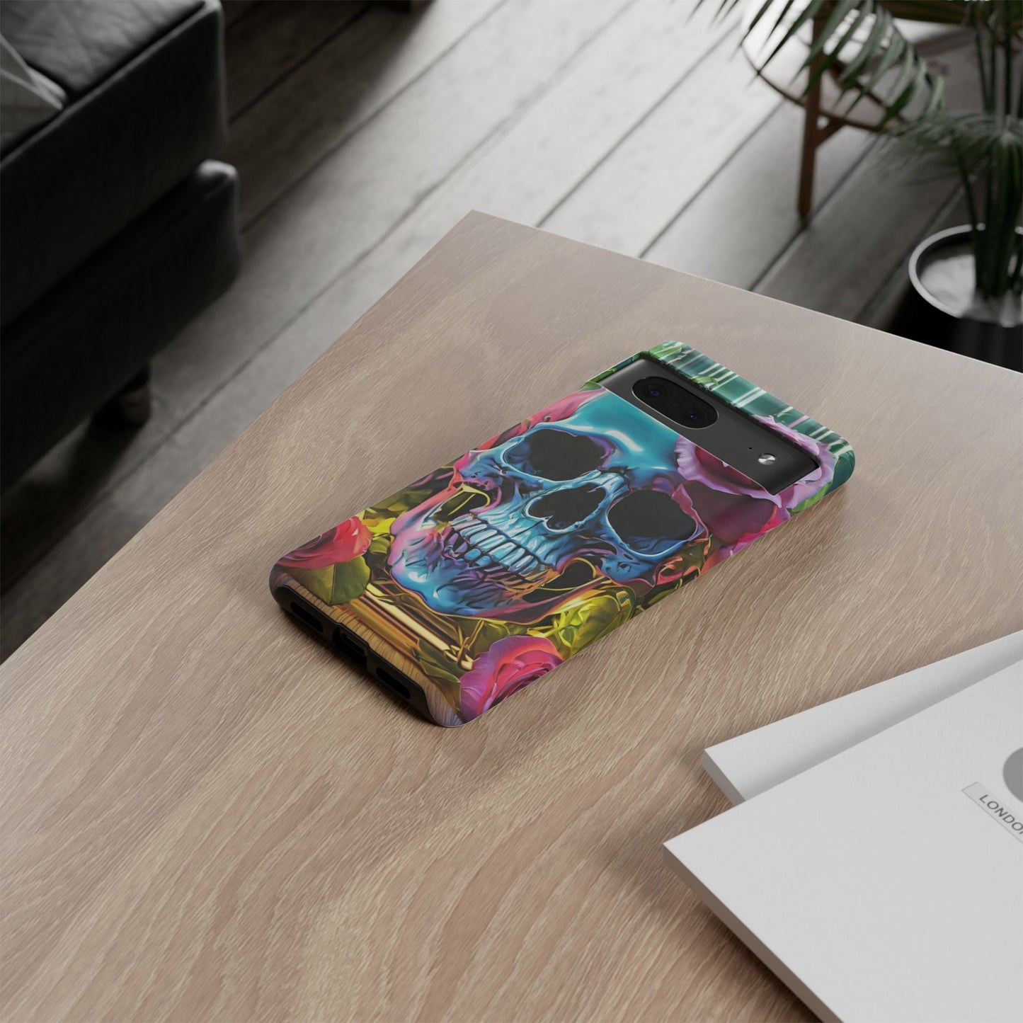 Neon Rose Skull Tough Phone Case