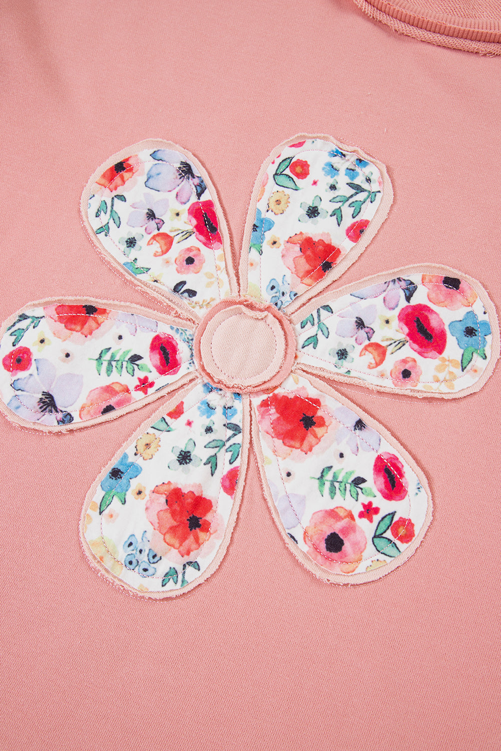 Peach Blossom Flower Applique Patchwork Drop Sleeve Pullover Sweatshirt