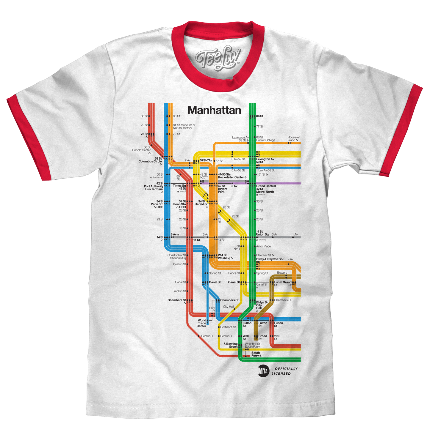 Manhattan Metro Map Ringer T-Shirt - White and Red