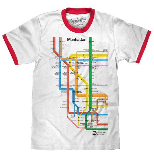 Manhattan Metro Map Ringer T-Shirt - White and Red