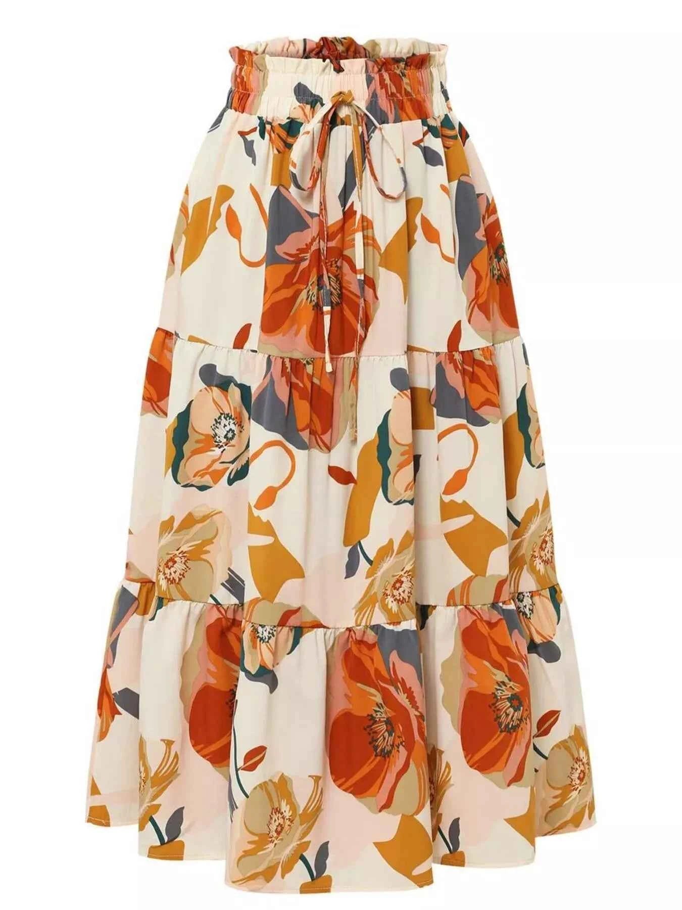 Full Size Floral Print Tiered Ruffle Midi Skirt Plus Size