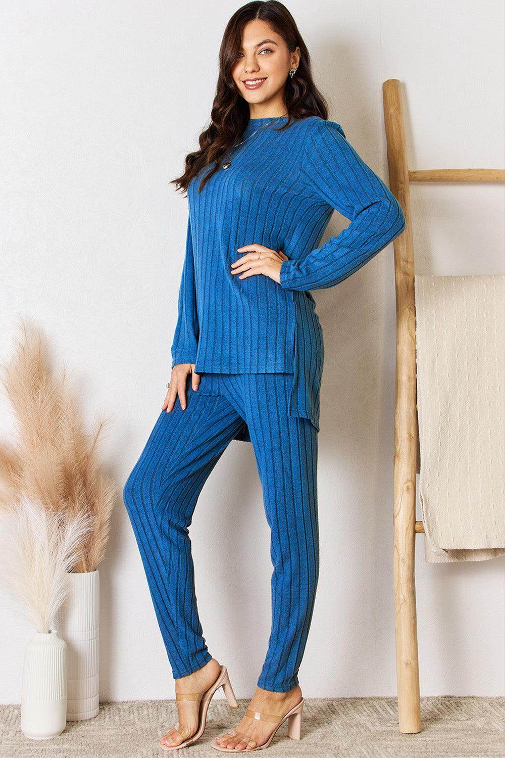 Basic Bae Full Size Ribbed Round Neck High-Low Slit Top Set