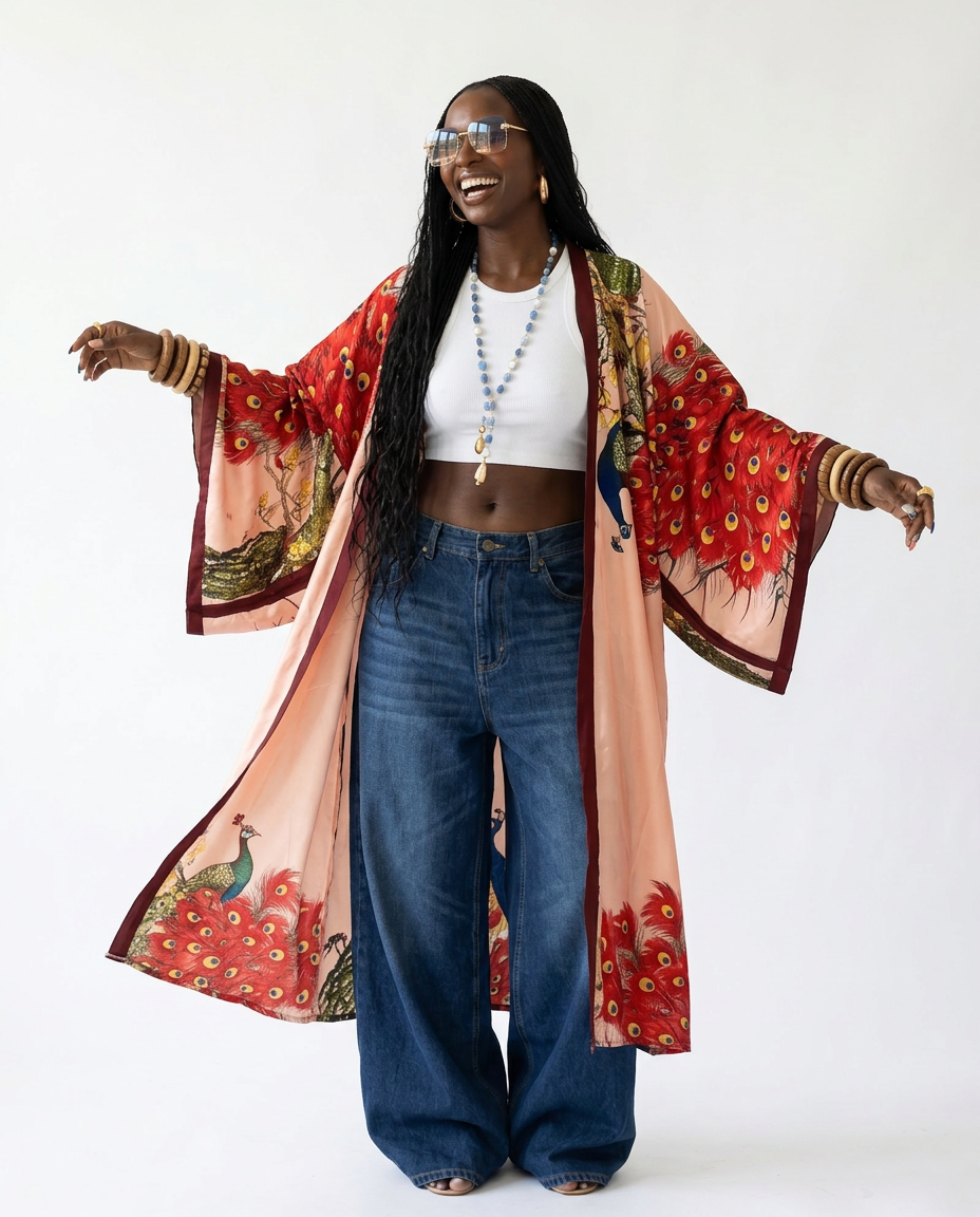 Vibrant Peacock Print Maxi Kimono